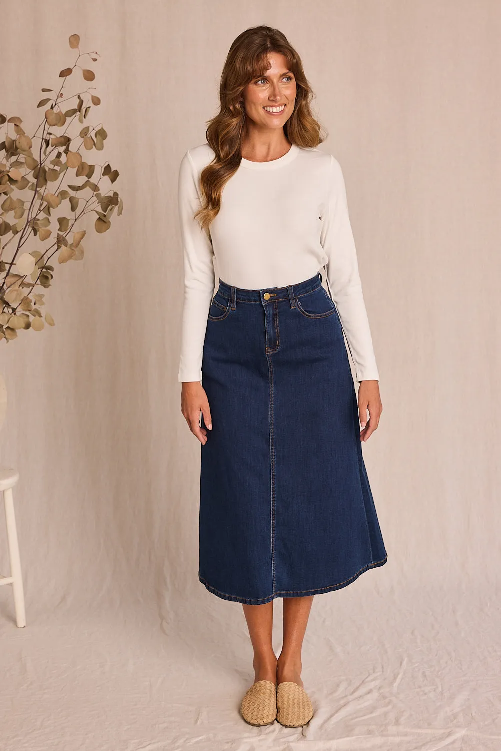 Adrift Denim A-Line Skirt in Mid Wash