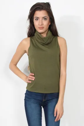 Amber Khaki Sleeveless Turtle Neck Top