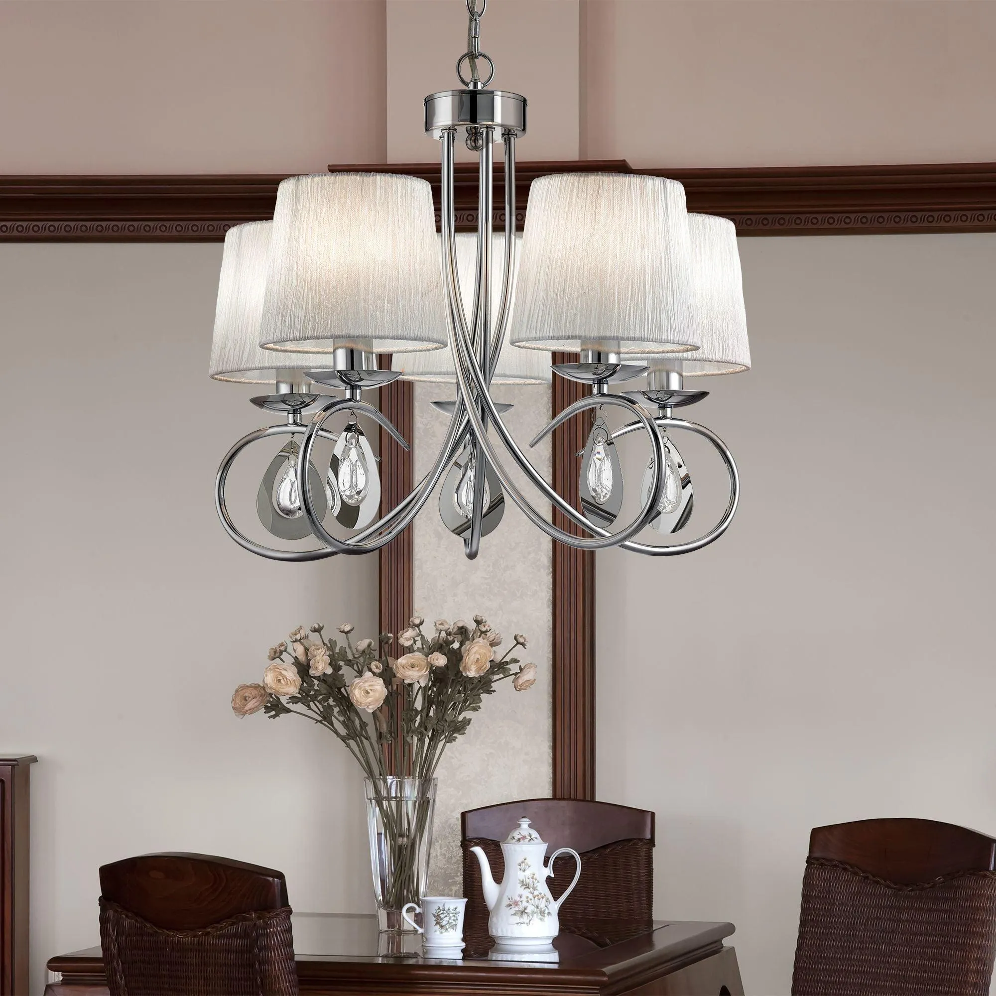 Angelique 5 Light Chrome Chandelier With White Shades