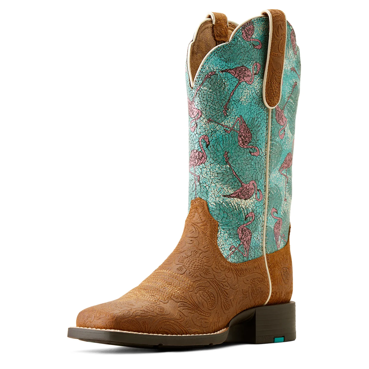 Ariat Womens Round Up Wide Square Toe Boot Embossed Chestnut/Flock O Flamingos