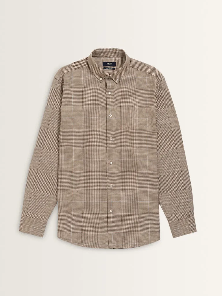 Ascot Brown Checkered Relaxed-Fit Cotton Shirt