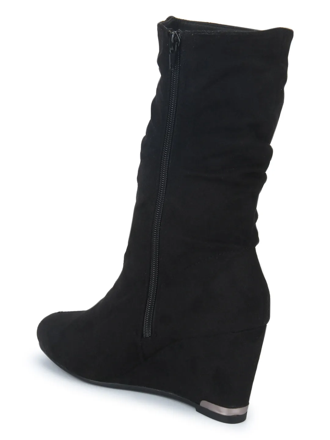 Black Micro Slouched Wedge Heel Ankle Boots