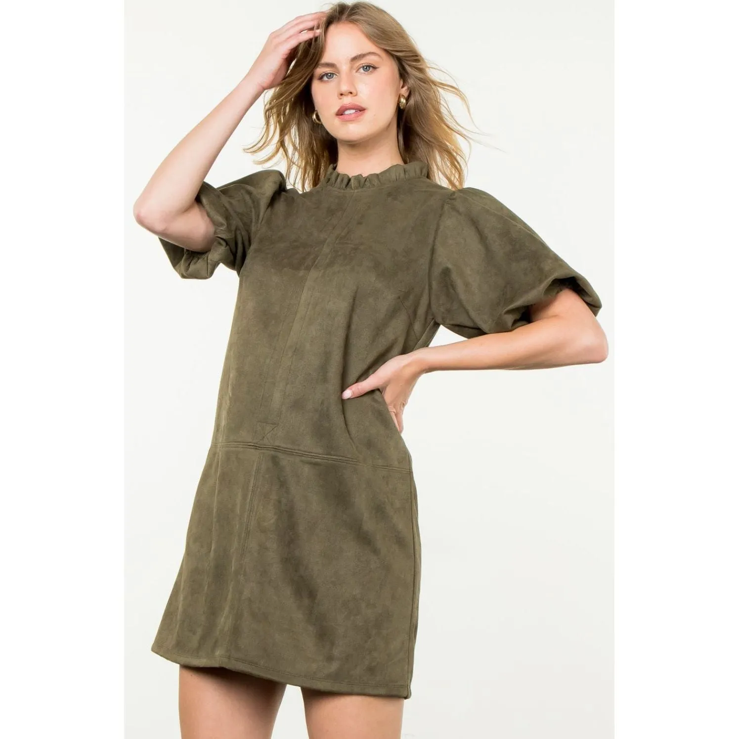 Dara Short Sleeve Olive Suede THML Dress