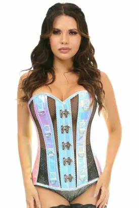 Deluxe Blue with Purple Hologram & Black Fishnet Steel Boned Overbust Corset