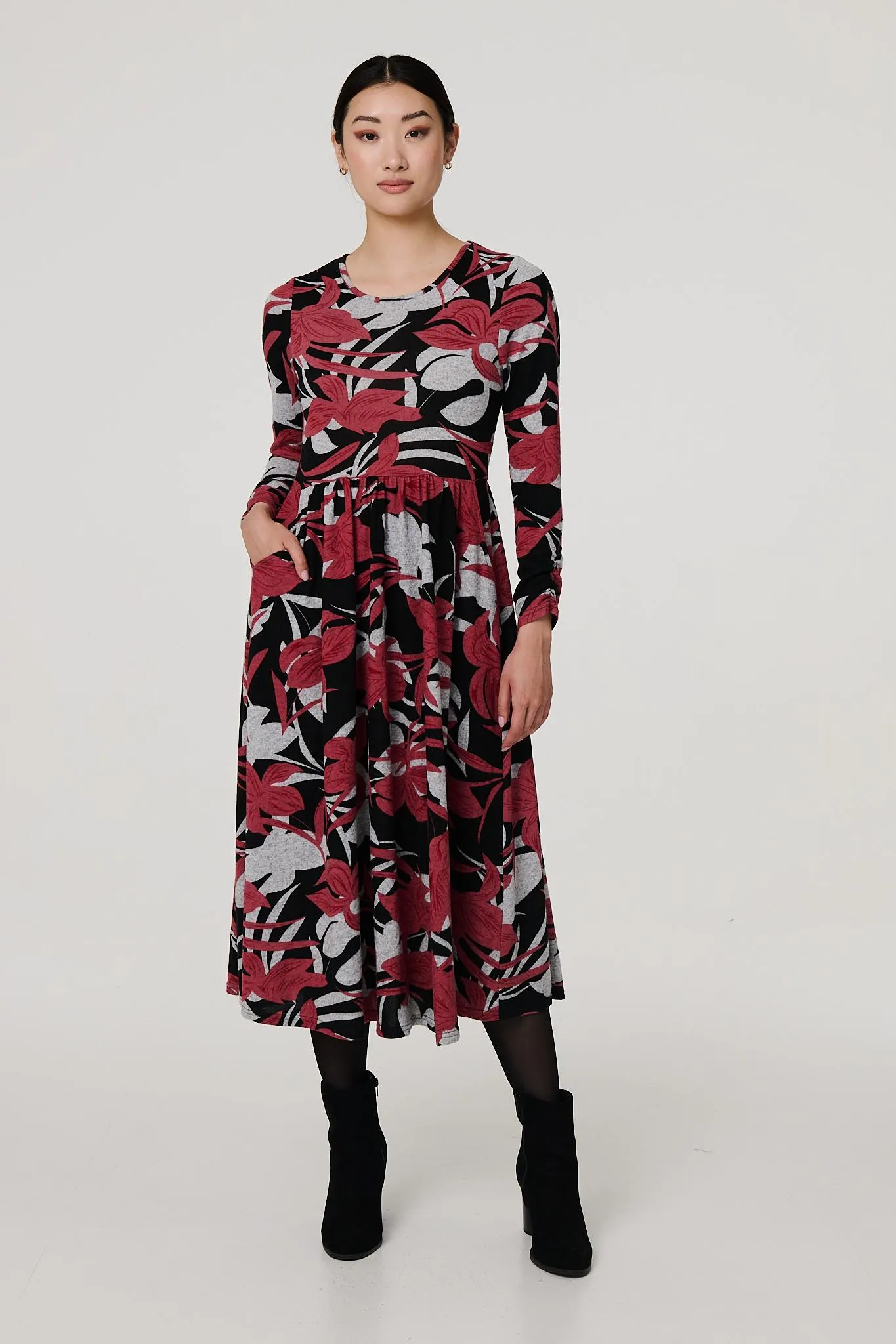 Floral Long Sleeve Pleated Midi Dress