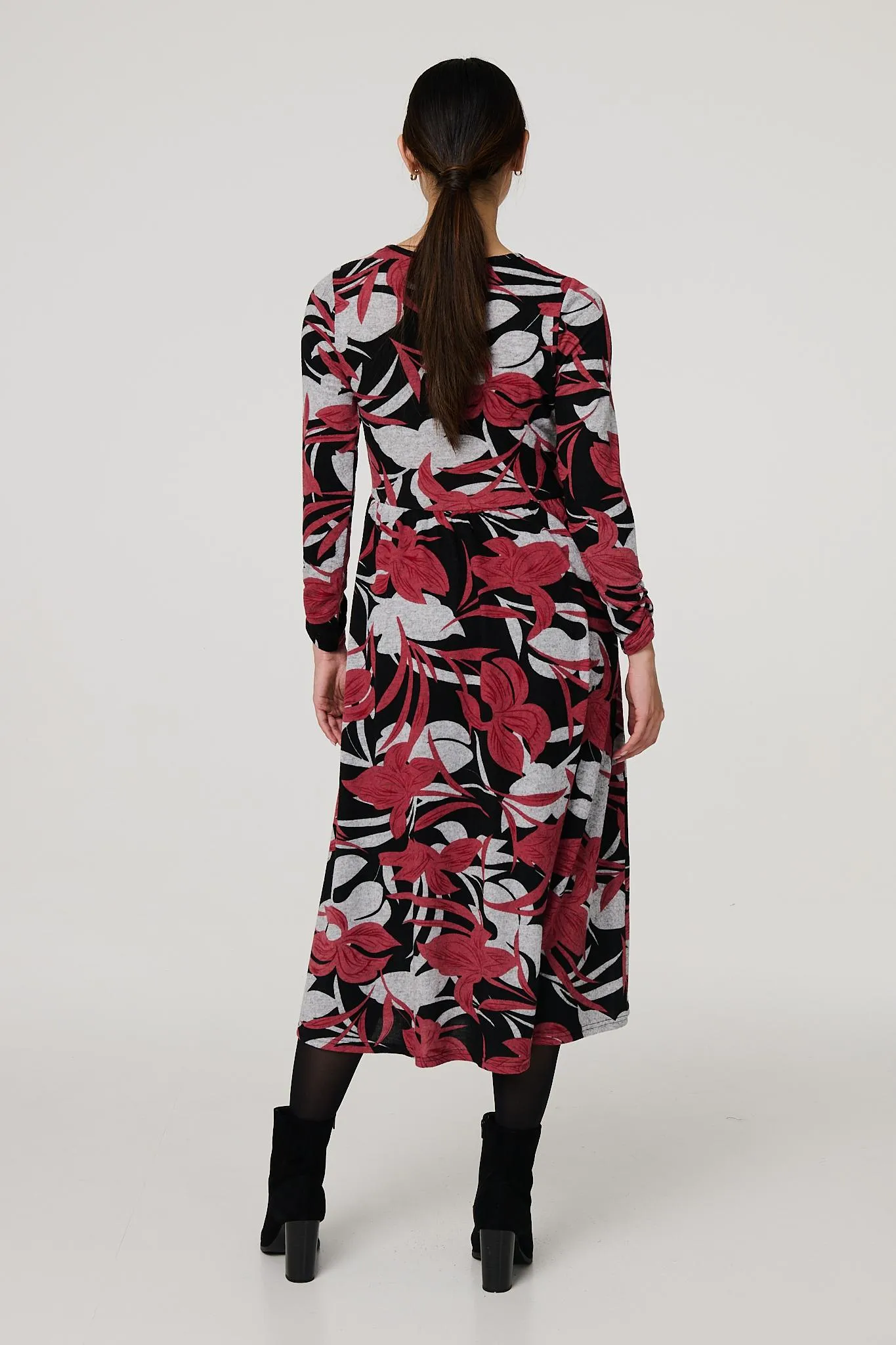 Floral Long Sleeve Pleated Midi Dress