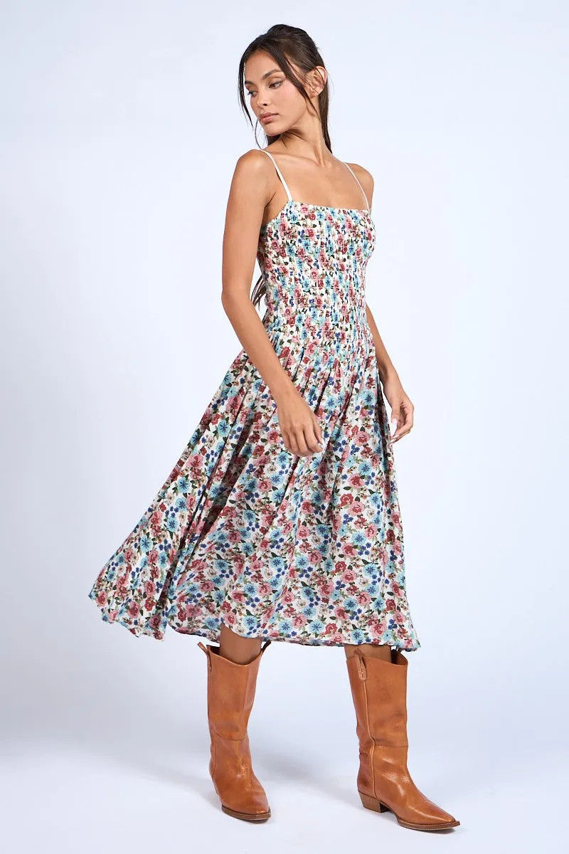 FLORAL SMOCKED  DROP-WAIST MIDI DRESS