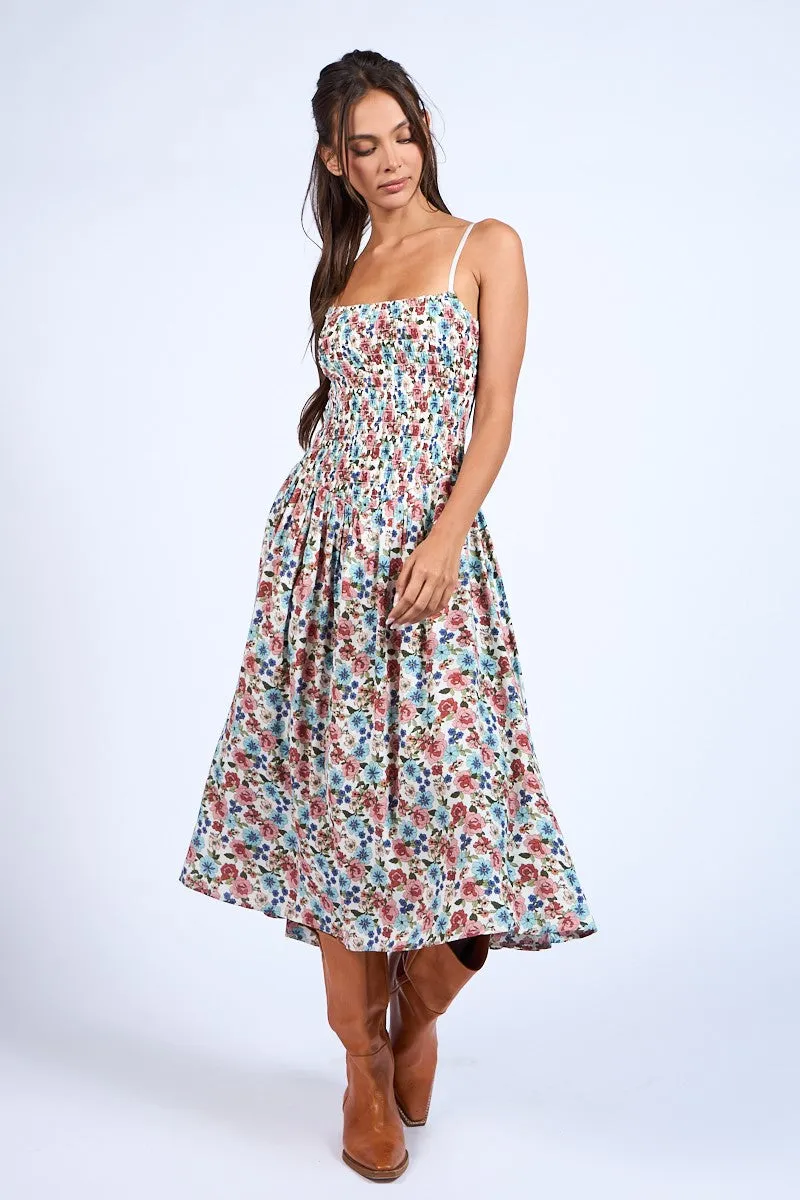 FLORAL SMOCKED  DROP-WAIST MIDI DRESS