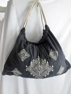 GRACIE ROBERTS Festival Loop Hoop Vegan Ethnic Circular Bag BLACK Tote Embroidered