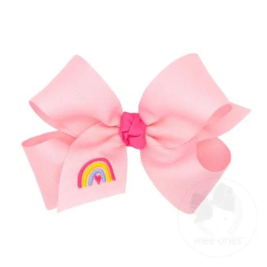 Grosgrain Hair Bow with Trendy Embroidery and Knot Wrap