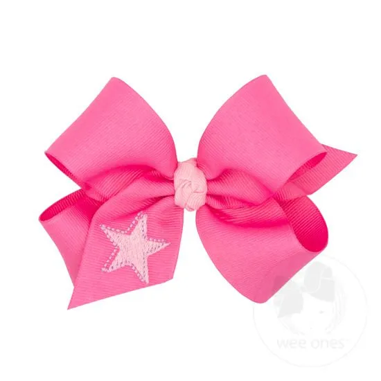 Grosgrain Hair Bow with Trendy Embroidery and Knot Wrap