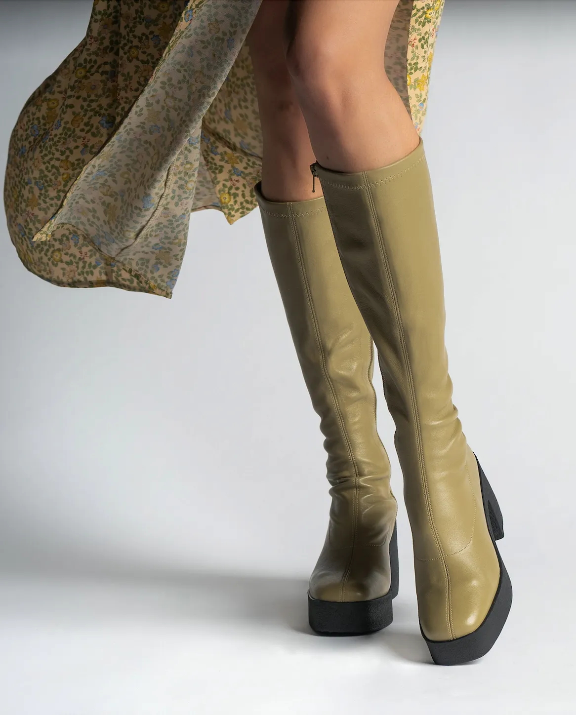 Izumi Khaki Stretch Leather Chunky Boots