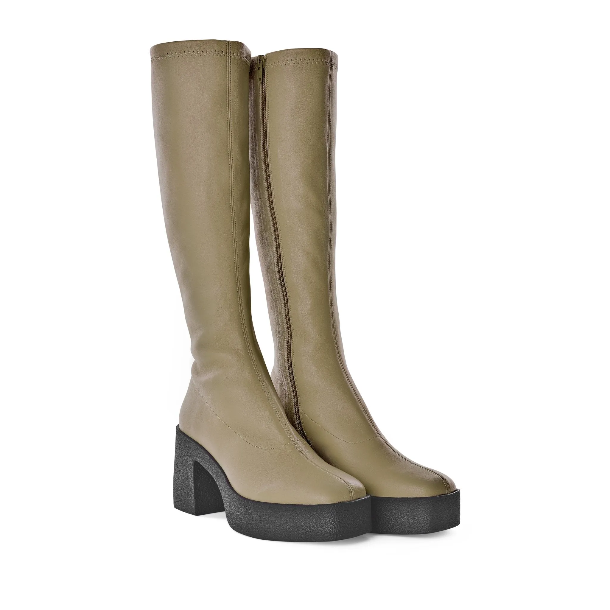 Izumi Khaki Stretch Leather Chunky Boots