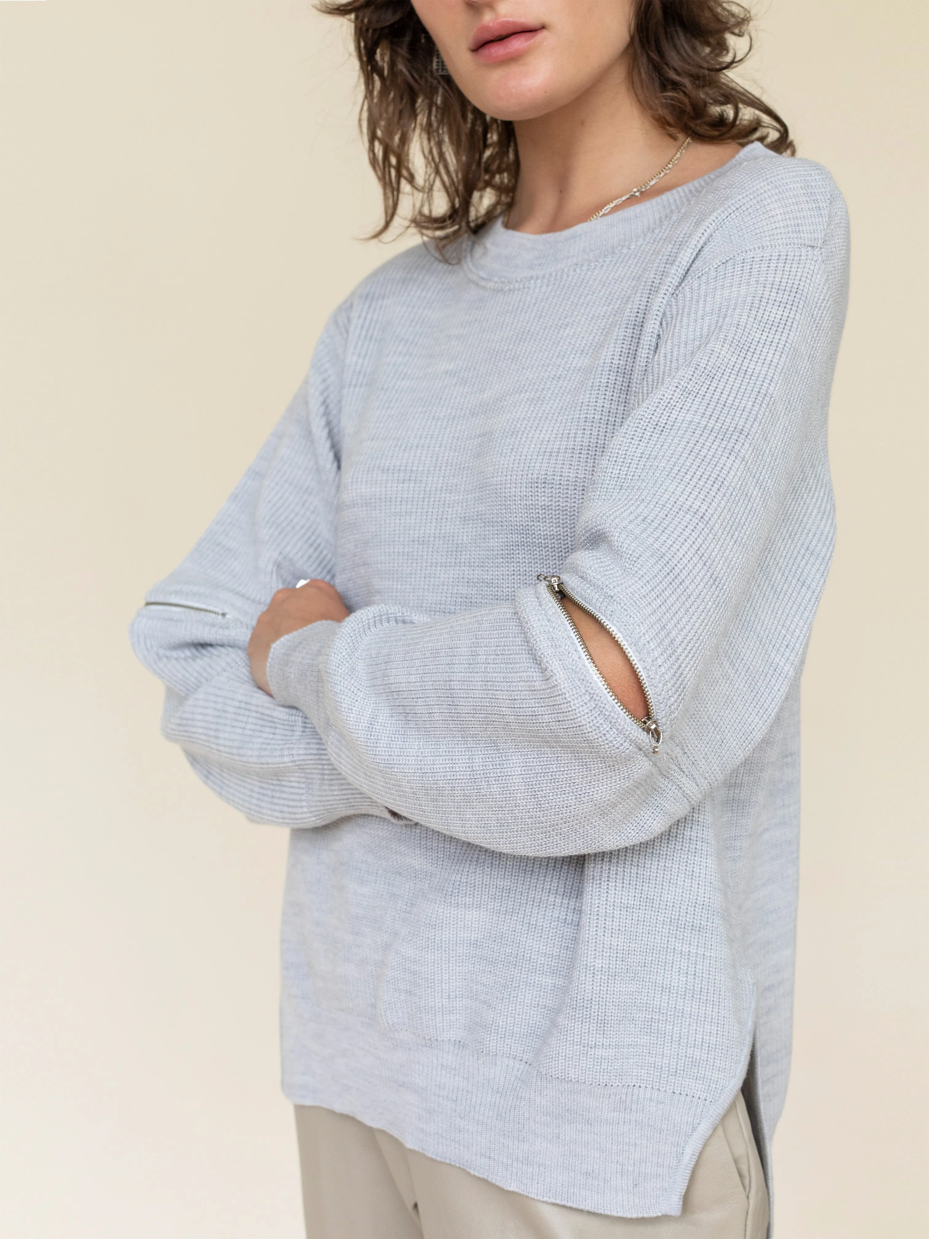 Knit Jumper with Open Zip Detail Sleeve in Silver