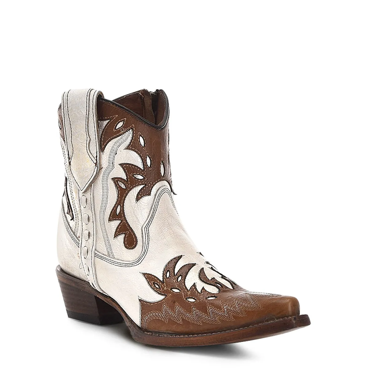 LD White Camel Brown Embroidery & Zipper & Overlay & Wing Tip Ankle Boot - Corral Boots