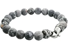 Mens Genuine 10mm Gray Jasper Stainless Steel Beaded Bracelet