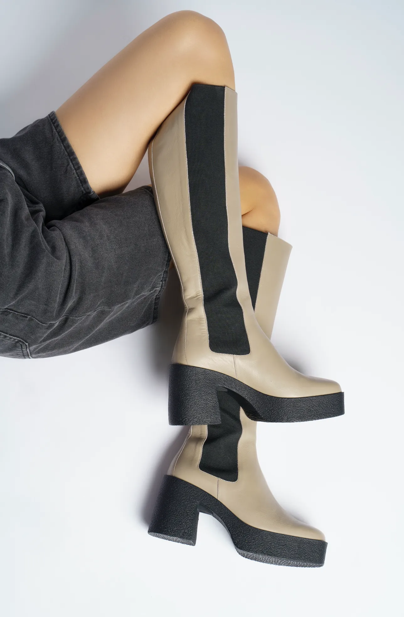 Momoko Taupe Knee-High Leather Chelsea Boots