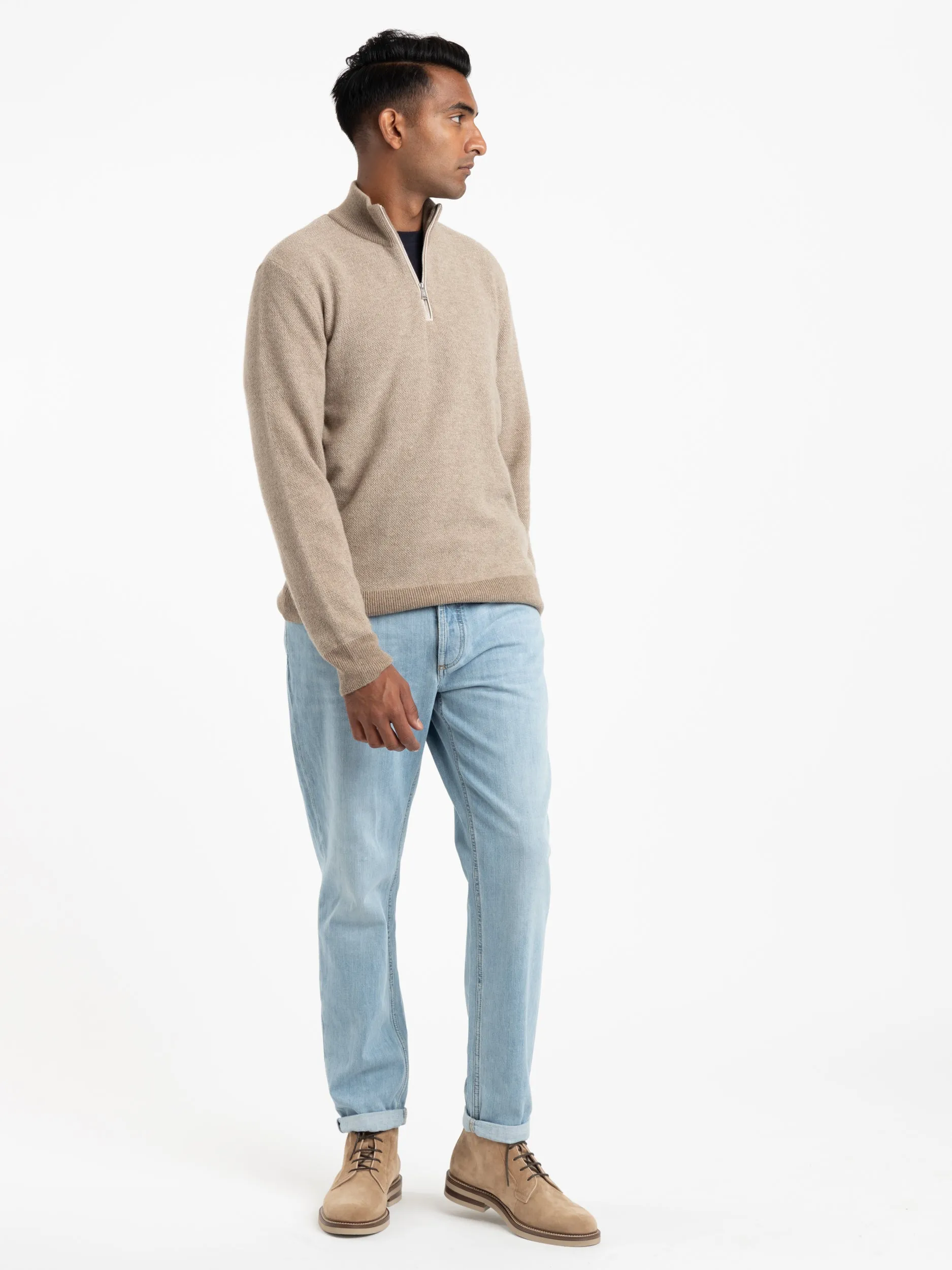 Oatmeal Cashmere Birdseye Quarter-Zip Sweater