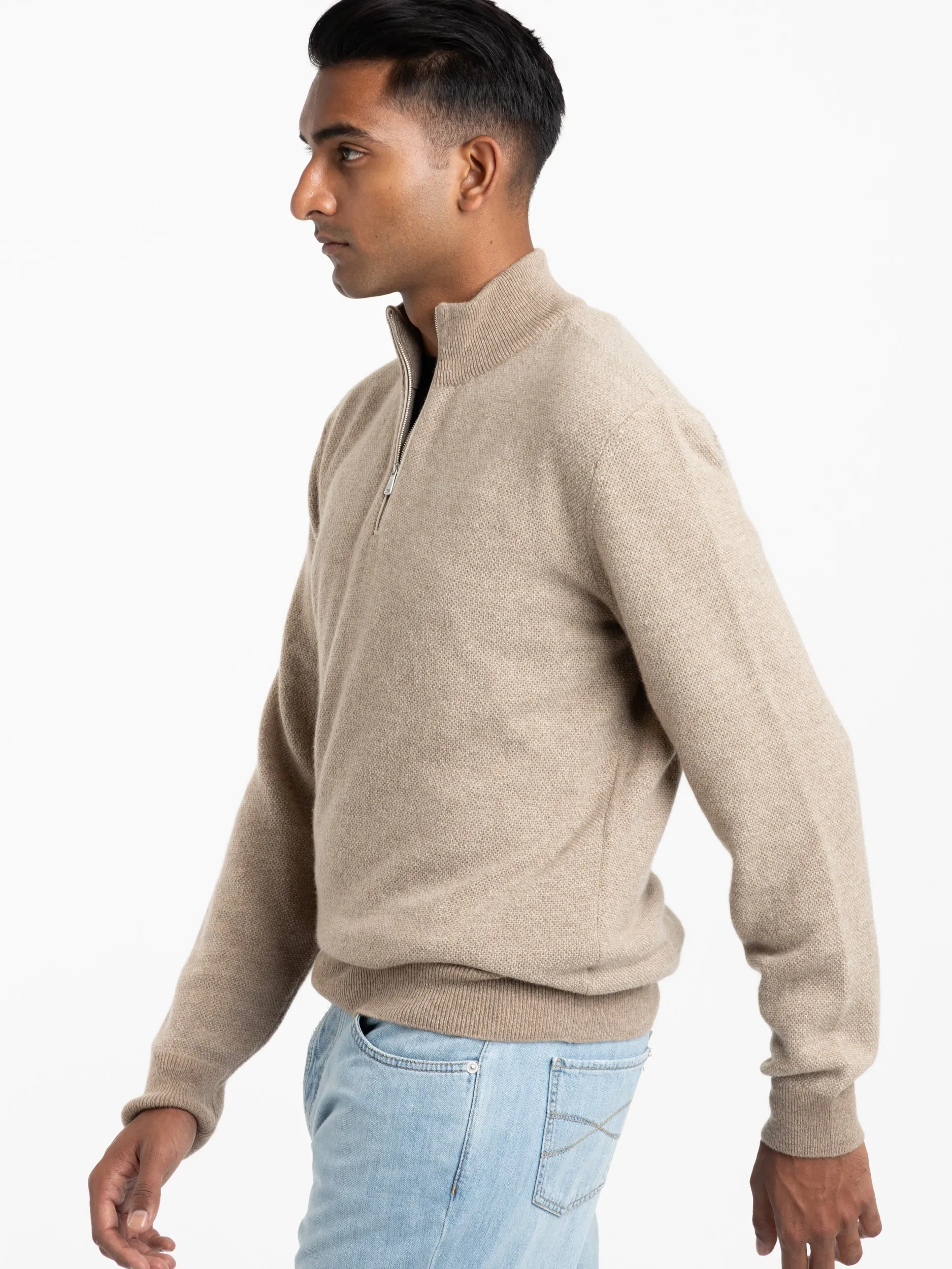 Oatmeal Cashmere Birdseye Quarter-Zip Sweater