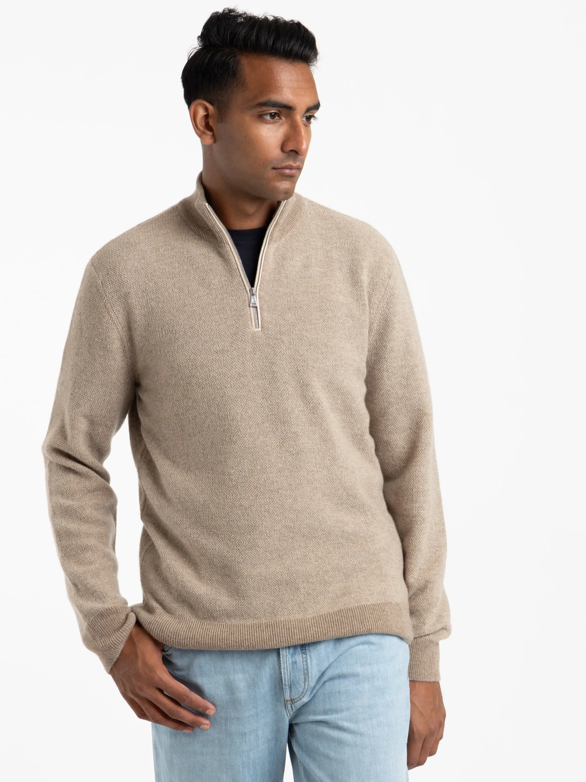 Oatmeal Cashmere Birdseye Quarter-Zip Sweater