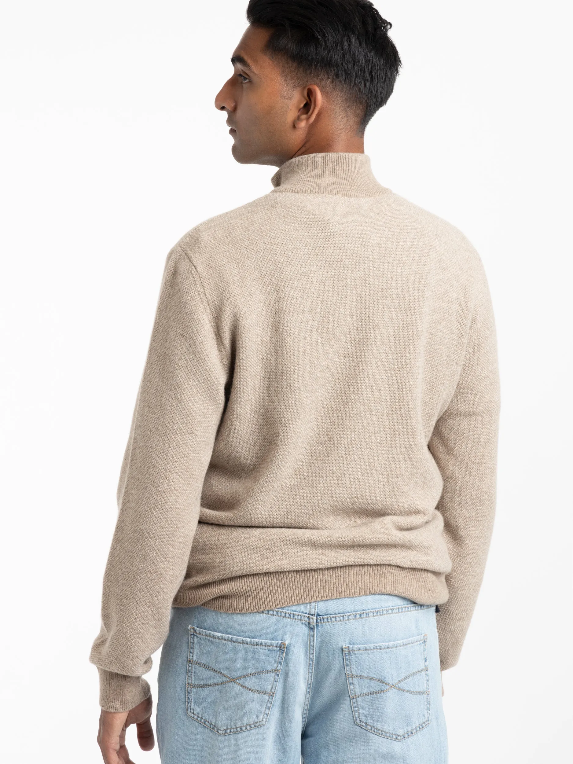 Oatmeal Cashmere Birdseye Quarter-Zip Sweater