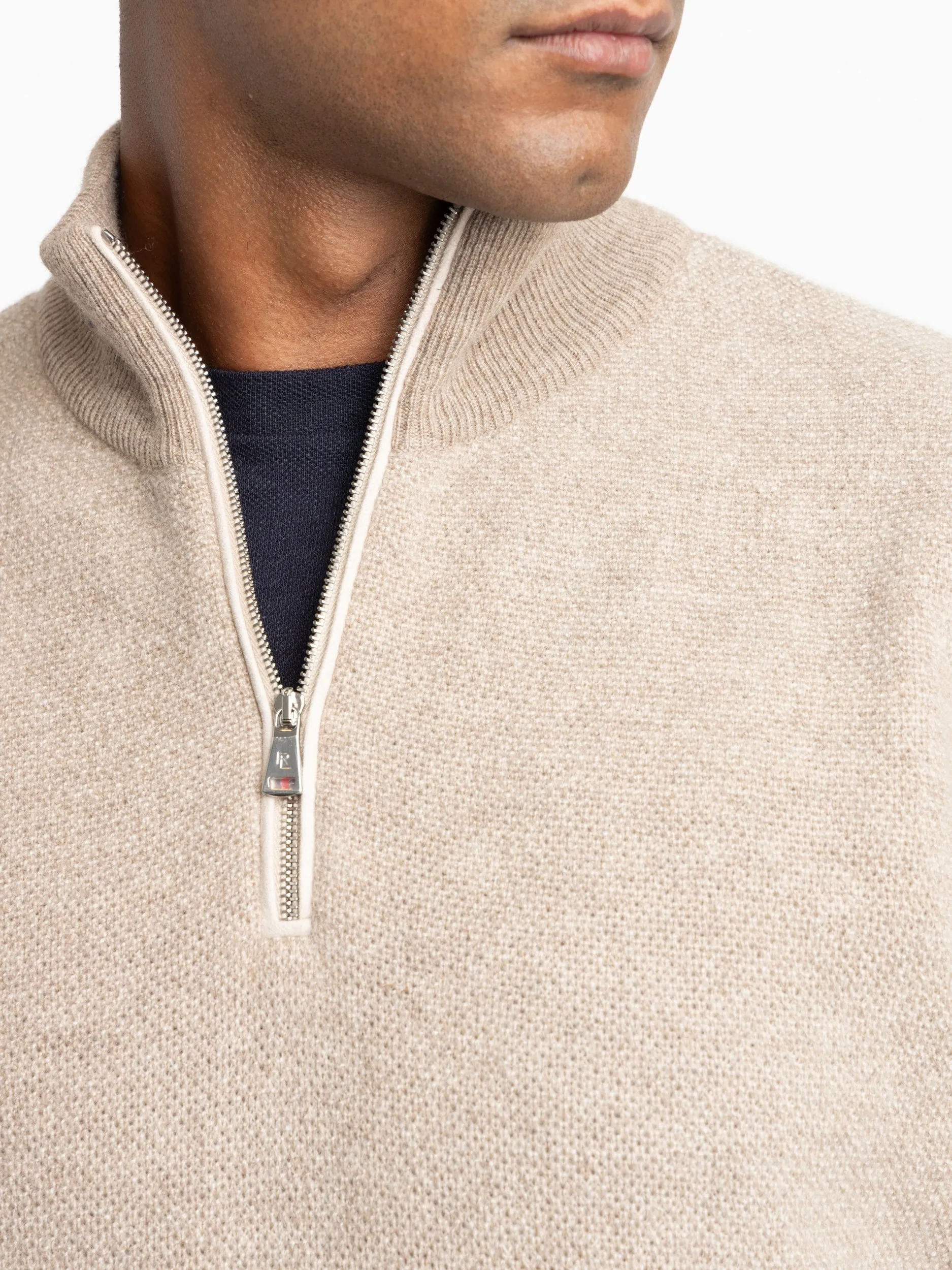 Oatmeal Cashmere Birdseye Quarter-Zip Sweater