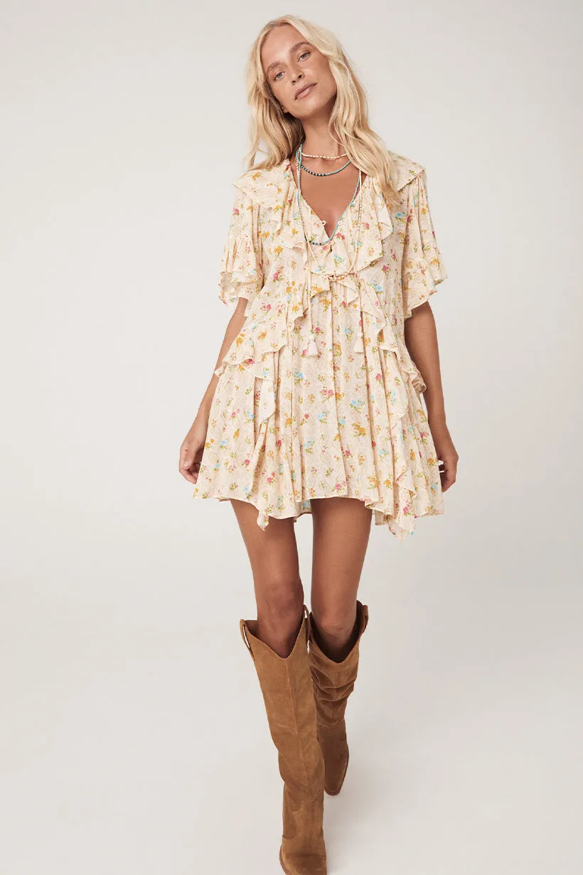 Spell Fleur Flutter Sleeve Mini Dress - Macaroon